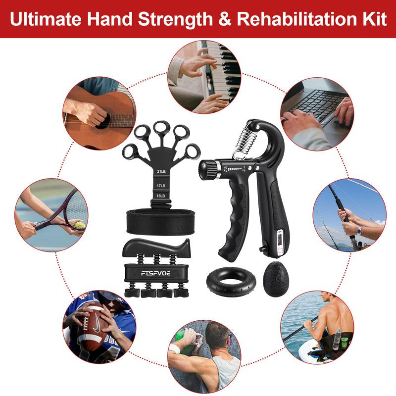 Grip Strength Trainer Kit (5 Pack), Including Finger Exerciser, Hand Grip Strengthener, Hand Extension, Stress Relief Ball, and Forearm Workout Ring